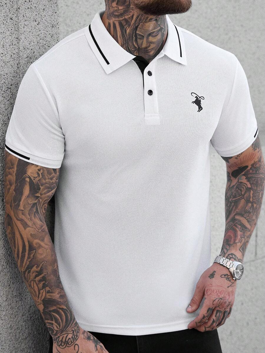 Manfinity CasualCool Polo à manches courtes décontracté avec bordure contrastée pour homme, polyvalent pour l'été - Blanc - Voir 1