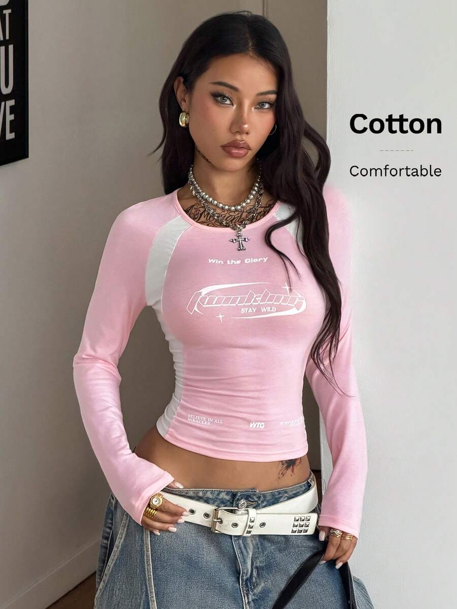 Coolane 女士秋冬街头休闲运动装返校休闲棉质撞色圆领长袖T恤 - 淺粉色 - 查看 1