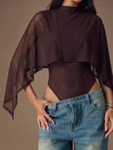 SHEIN BAE Women's Oblique Shoulder Ruffled Layered Chiffon Blouse, Elegant Blouse, Minimalist Fashion Blouse - Brown - View 5