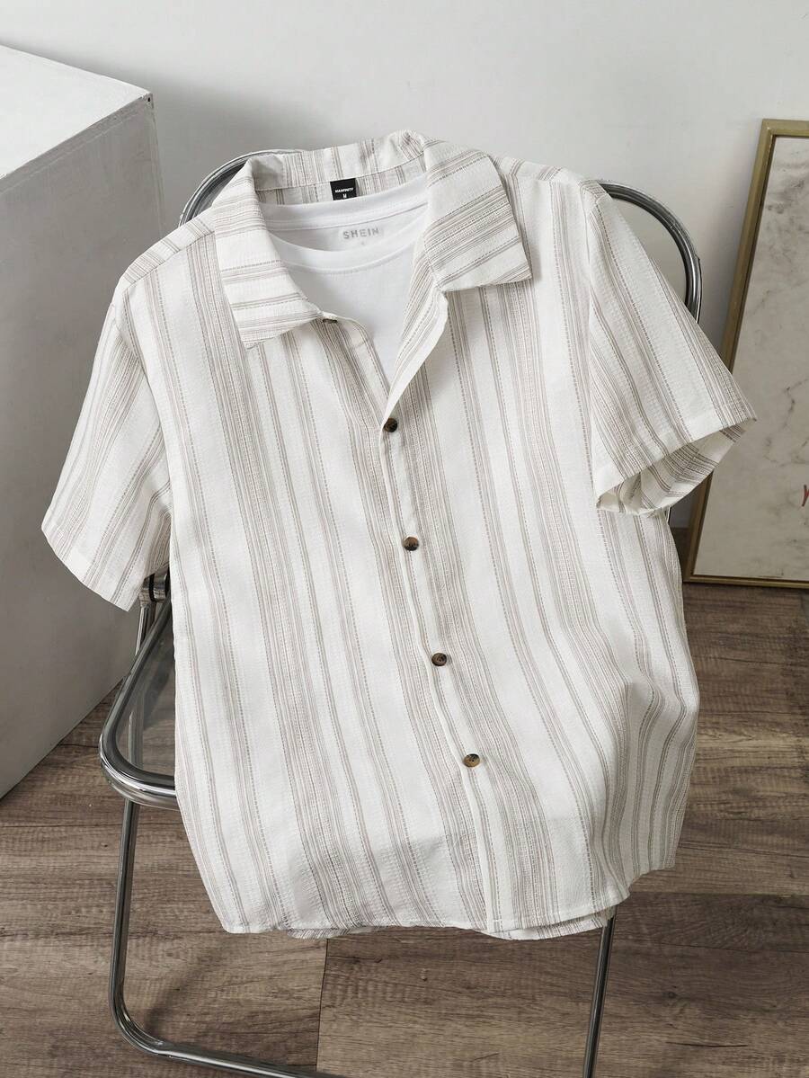 Manfinity Joysei Men's Summer Striped Short Sleeve Button-Down Casual Shirt - Khaki - View 1