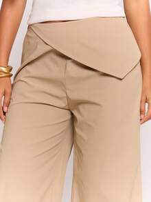 MUSERA Fold Over One Side Waist Wide Leg Trousers Spring Summer Cute Cosy Cottage Core Spring Dew Casual - Khaki - View 5