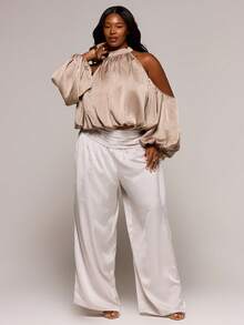 MUSERA Plus Size Hammered Satin Panel Waist Drape Wide Leg Trousers Spring Summer Elegant Vacation Holiday Evening Spring Soul Ties - Khaki - View 1