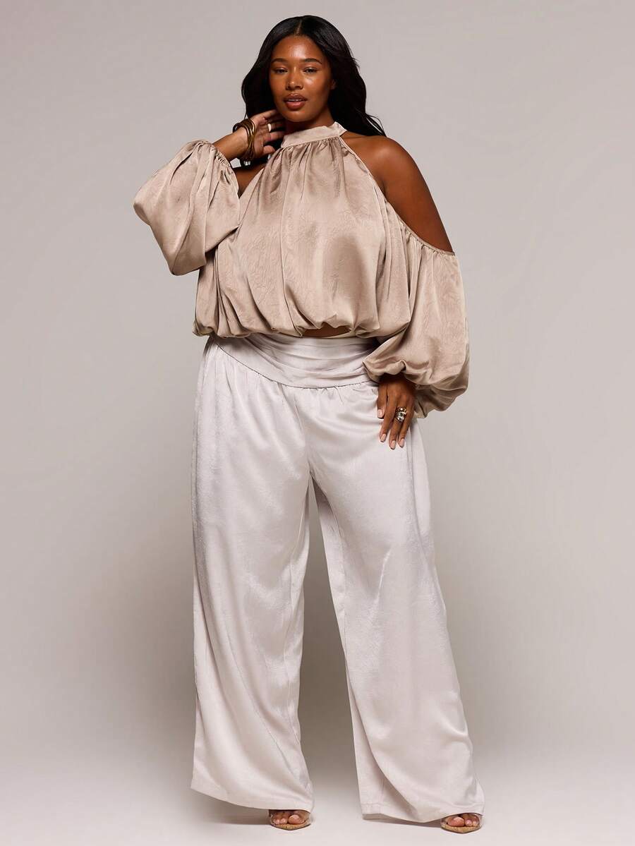 MUSERA Plus Size Hammered Satin Panel Waist Drape Wide Leg Trousers Spring Summer Elegant Vacation Holiday Evening Spring Soul Ties - Khaki - View 1