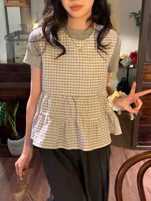 DAZY 女士格子叠层韩版吊带衬衫 - 灰色 - 查看 8