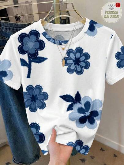 SHEIN LUNE Camiseta holgada de mujer de cuello redondo, manga corta y estilo minimalista casual