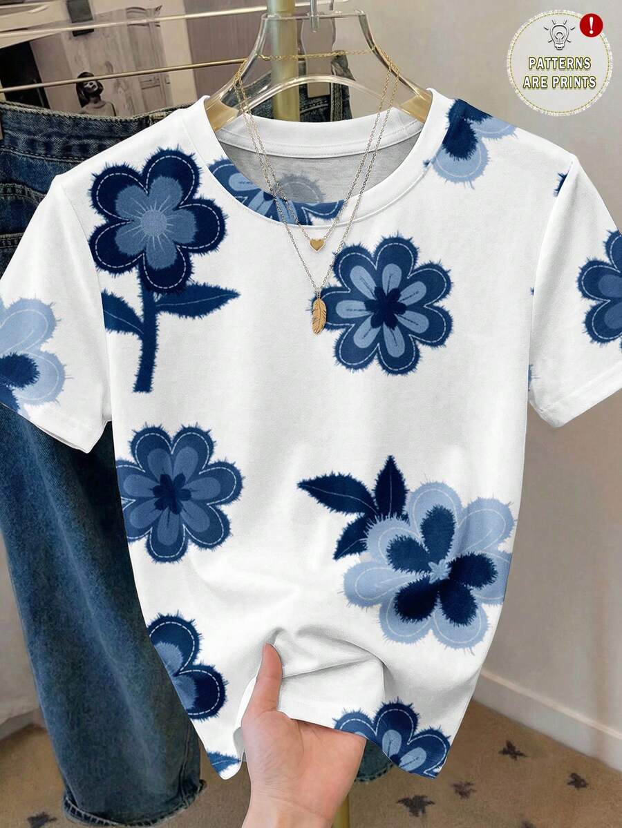 SHEIN LUNE Áo thun nữ dáng rộng, cổ tròn, tay ngắn, phong cách tối giản, thường ngày. - Nhiều màu - Xem 1