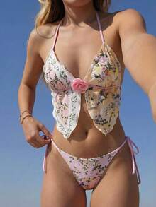 Bellisia 女士26SS春夏沙滩装，女士比基尼套装，两件套，优雅浪漫甜美可爱碎花沙滩度假装，精致3D立体花卉装饰，可拆卸胸垫三角比基尼套装 - 彩色 - 查看 7