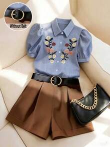 SHEIN Franclia 女士刺绣上衣+宽松阔腿休闲短裤两件套，春夏款 - 彩色 - 查看 3