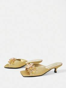 CUCCOO HITCHD Women's Summer New Floral Beaded Square Toe Kitten Heel Mules, Elegant & Versatile Wedding Shoes Summer Shoes Bride Shoes - Gold - View 8