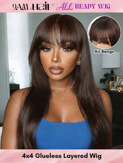 ALL READY WIG 戴上即走无胶真人发假发，即用即用假发，4# 巧克力棕色丝滑直发 100% 真人发蕾丝闭合假发，带飘逸刘海，4x4 预切蕾丝，预拔发际线，预漂白发结，度假装扮，旅行，节日，舞会，户外，角色扮演，校园，海滩，婚礼，露营，假日装扮，夏季装扮，Vacay Vibes 魅力，优雅休闲，Y2k 时尚风格，SS25 关键词