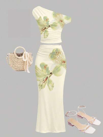 Teen Girl Elegant Fashionable Light Green Casual Vacation Beach Floral Asymmetric Ruched Fitted 2 Pieces Set, Suitable For Spring/Summer Daily, Vacation, Beach, Party