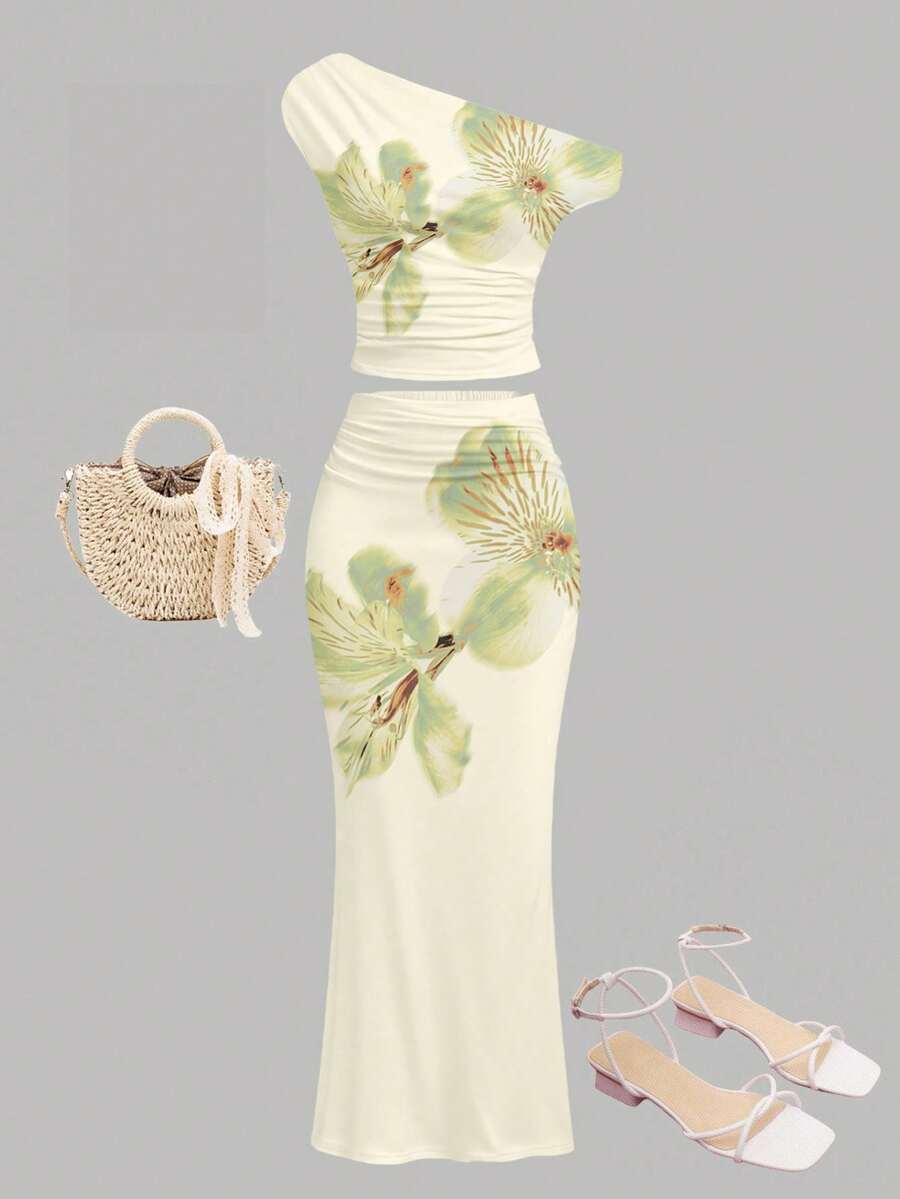 少女优雅时尚浅绿色休闲度假沙滩印花不对称褶皱修身两件套，适合春夏日常、度假、海滩、派对等场合。 - 彩色 - 查看 1