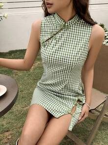 EastFlair Women's Plaid Stand Collar Split Design Casual Daily Vacation Travel Mini Dress,Valentine's Day,St Patrick's Day - Green - View 2