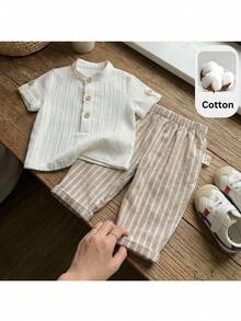 Loomiva 2 piezas Conjunto de camisa de cuello gris estilo universitario casual y pantalones elásticos a rayas para recién nacido niño, adecuado para fiesta de cumpleaños, evento de noche, actuación, boda, baby shower, celebración de 1 mes - Multicolor - Ver 2