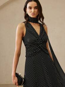 Aveloria Rosie 新款时尚波点V领长款连衣裙女装两件套，吸睛服饰，3D立体剪裁，优雅两件套 - 黑色 - 查看 4