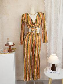 Swim Vcay 2pcs/Set Women's Knitted Hollow Out Cover Up And Pants, Vacation Style Swimsuit Cover Up, Spring/Summer 2026 - Multicolor - View 5