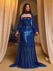 Glamrae Đầm dạ hội sang trọng, thanh lịch, hở vai, đính sequin và thêu họa tiết, dáng đuôi cá, cổ áo được trang trí cầu kỳ, phù hợp cho các lễ hội, đám cưới, dạ tiệc, hòa nhạc, sự kiện kinh doanh và các dịp dành cho người nổi tiếng trên mạng xã hội. - Màu xanh lam - Xem 4