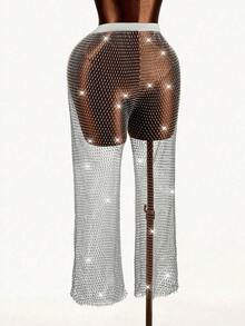 Mistrie Pantalones casuales y versátiles de uso diario con detalles de strass para mujer - Plateado - Ver 3