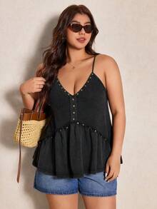 Elaquor Camiseta de tirantes con escote en V, volantes y tachuelas para mujer de talla grande, versátil y elegante para una cita nocturna - Negro - Ver 5