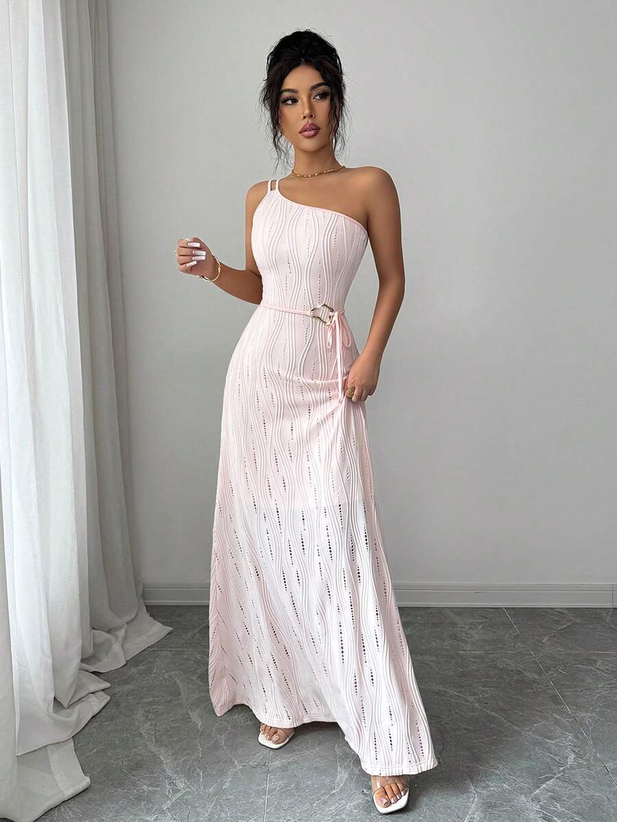 Xyvia Summer Women's Sexy Spaghetti Strap Asymmetric Neck Lightweight Pink Knit Hollow-Out Fitted Waist Metal Buckle Tie-Up Dress - Pink - View 1