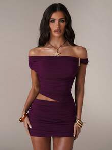 SHEIN BAE Rochie mini la modă pentru femei, cu pliseuri goale, de culoare solidă, cu umăr gol, tip scobit - Violet - Vizualizare 7