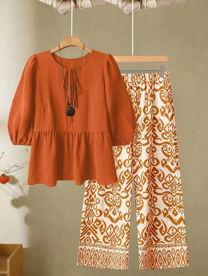 Linhara Plus Size Women's Solid Color Bow Tie Front Blouse & Floral Print Wide Leg Pants Casual 2 Piece Set