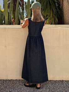 DAZY 宽松牛仔艺术无袖衬衫裙（女款） - 藍色 - 查看 6