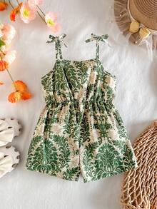 SHEIN Babygirl Cute Vacation Casual Floral Pattern Green Camisole Romper - Green - View 1