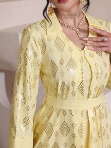 Al Najma Bata de lujo con parches de unicolor y lámina de oro, estilo turco - Amarillo - Ver 7