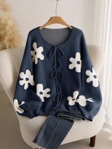 CosyJoli Áo len cardigan dệt kim hình trái tim cỡ lớn cho nữ, áo khoác len thời trang thanh lịch kiểu Pháp thu/đông - Màu xám đen - Xem 5