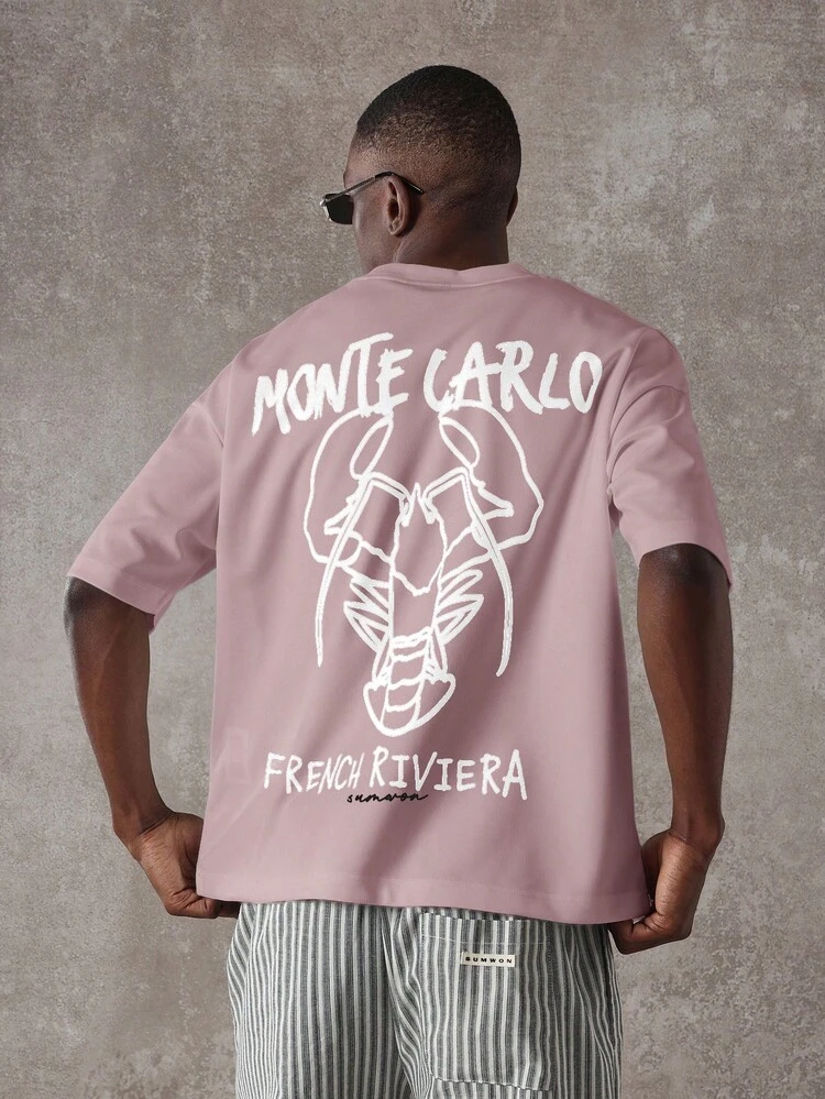 SUMWON Regular Oversized Short Sleeve Crew Neck T-Shirt With Monte Carlo French Riviera Lobster Graphic Print