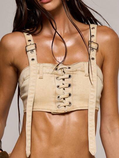 MUSERA Eyelet Lace Up Front Buckle Strap Detail Washed Denim Crop Top Spring Summer Sexy Date Night Club Festival Holiday Night Out Vacation Soul Ties