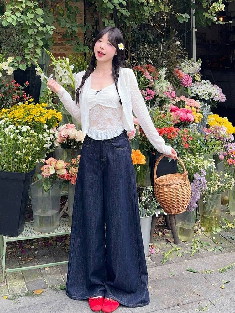 Women's French Lace Trim Korean Style Camisole And Long Sleeve Button-Up Top Set