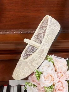 CUCCOO HITCHD 米色网布花朵方头舒适柔软简约通勤女式平底鞋 - 糯米白色 - 查看 11