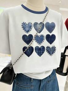 Resyla Women's Casual Heart-Shaped Denim Print Beaded Round Neck T-Shirt, Suitable For Daily And Formal Occasions - White - View 5