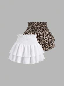 Olithes 2pcs/Set White & Leopard Print Double Layer Ruffle Waist High Waist Ruffle Hem Skirt, Summer - Multicolor - View 2
