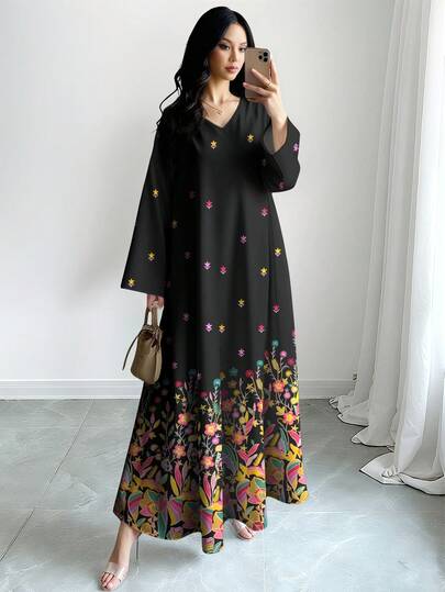 SHEIN Najma Colorful Floral Digital Print V-Neck Long Sleeve Maxi Dress, Plus Size Women's Elegant Arabic Style Floral Long Dress, Spring/Summer