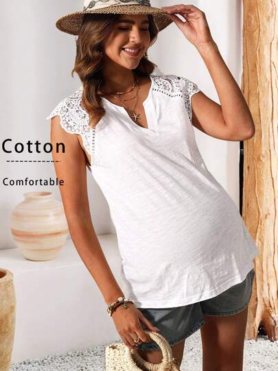 Boho Mama 孕妇度假休闲纯色蕾丝拼接V领T恤