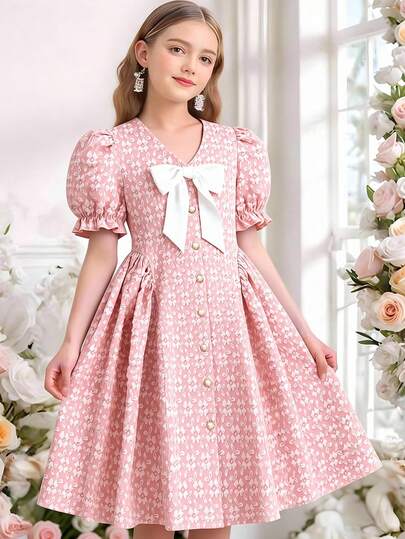 Tween Girls' Sweet Princess Style Delicate Party Jacquard V-Neck Petal Sleeve Contrast Bow Decor Umbrella Hem Dress, Summer