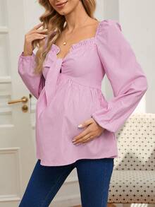 SHEIN Áo sơ mi dài tay dáng suông họa tiết sọc dành cho bà bầu, viền bèo nhún. - Hồng - Xem 4