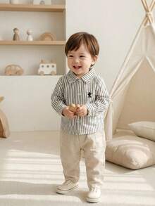 SHEIN Playful Pals 婴儿及幼儿男童经典街头风红白格子骑士刺绣长袖POLO衫，舒适透气，适合春秋季节、派对、日常穿着、上学及旅行。 - 深灰色 - 查看 9