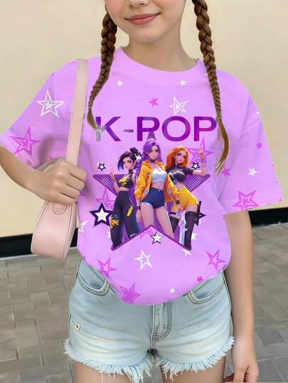1pc Tween Girl Letter & Cartoon Graphic Round Neck Short Sleeve T-Shirt, Suitable For K-Pop Fans Daily Wear, Purple Fashionable Cute Streetwear Style Girls Tee, Girls Printed T-Shirt, Children Cartoon Print Top, Girls Purple T-Shirt, K-Pop Girl Printed Shirt