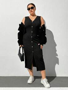 SHEIN Essnce Plus-Size Women's Black Summer Casual Everyday V-Neck Button-Decorated Slim Midi Dress,Sleeveless Stretchy Bodycon Curve Outfits,Simple Style European - Black - View 4