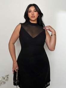 Firerie Plus Size Comfortable Casual Elegant Vacation Party Sexy Mesh Sheer Stand Collar Sleeveless Bodycon Mini Dress For Women, Spring/Summer Wedding Dress For Women Black Dress Plus - Black - View 8