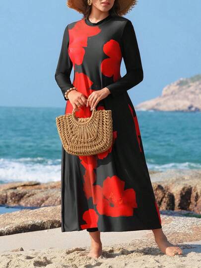 Swim Shayni Plus Size Women Floral Print Burkini Swimsuit, Beach & Holiday Style