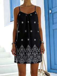 Breezaya 女士吊带印花度假连衣裙 - 黑色 - 查看 3