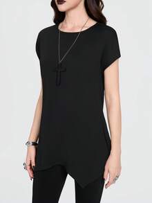 Breakform Áo thun nữ phong cách Gothic cổ tròn tay cánh dơi vạt lệch dáng rộng - màu đen - Xem 5