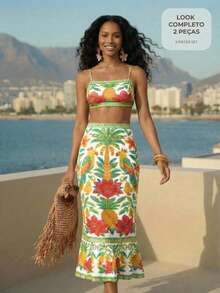 CAJUNI Conjunto de top corto y falda con estampado de piña para vacaciones, conjunto de falda y parte superior de verano para mujer - Multicolor - Ver 1