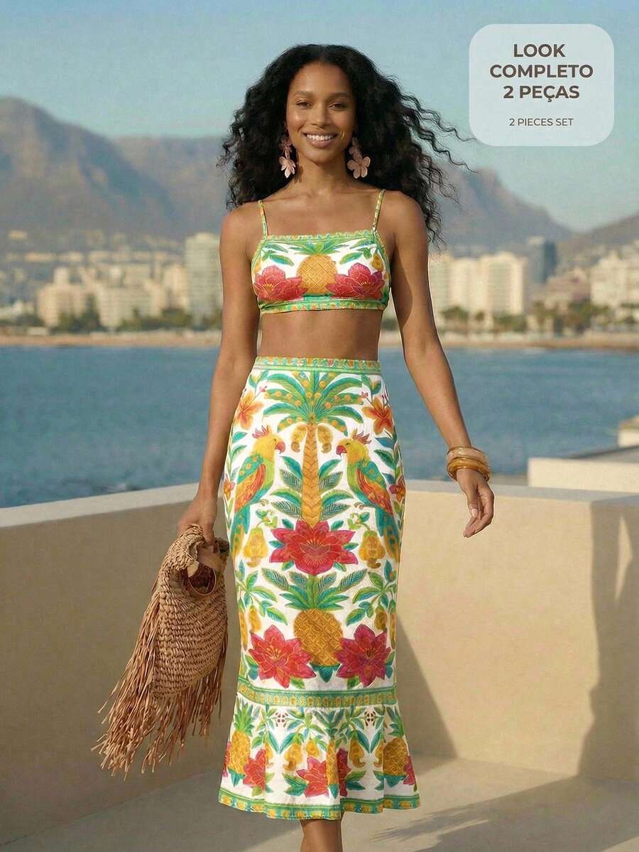 CAJUNI Conjunto de top corto y falda con estampado de piña para vacaciones, conjunto de falda y parte superior de verano para mujer - Multicolor - Ver 1