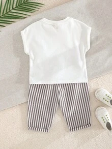 Cozy Pixies 2pcs Baby Boy Decorative Pocket Knitted Soft Round Neck Drop Shoulder Short Sleeve Top & Striped Pants Set - Multicolor - View 2